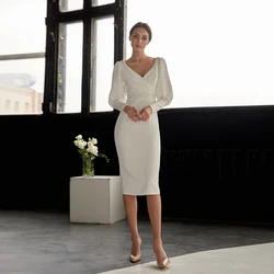 Civil Short Wedding Dress For Woman Long Sleeves Knee Length V Neck Ivory Bridal Gown Elegant Engagement Party Свадебное платье