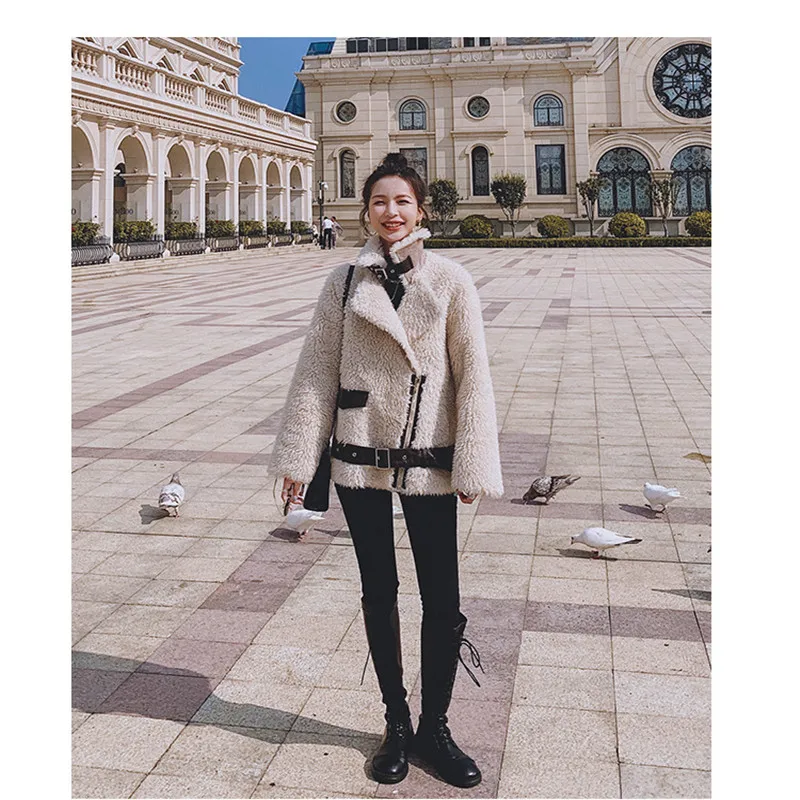 

Korean Fashion Motorcycle Girl with lamb coat Cotton Super Warm Windproof Casual Outdoor Spring Autumn Winter Khaki Women jacket