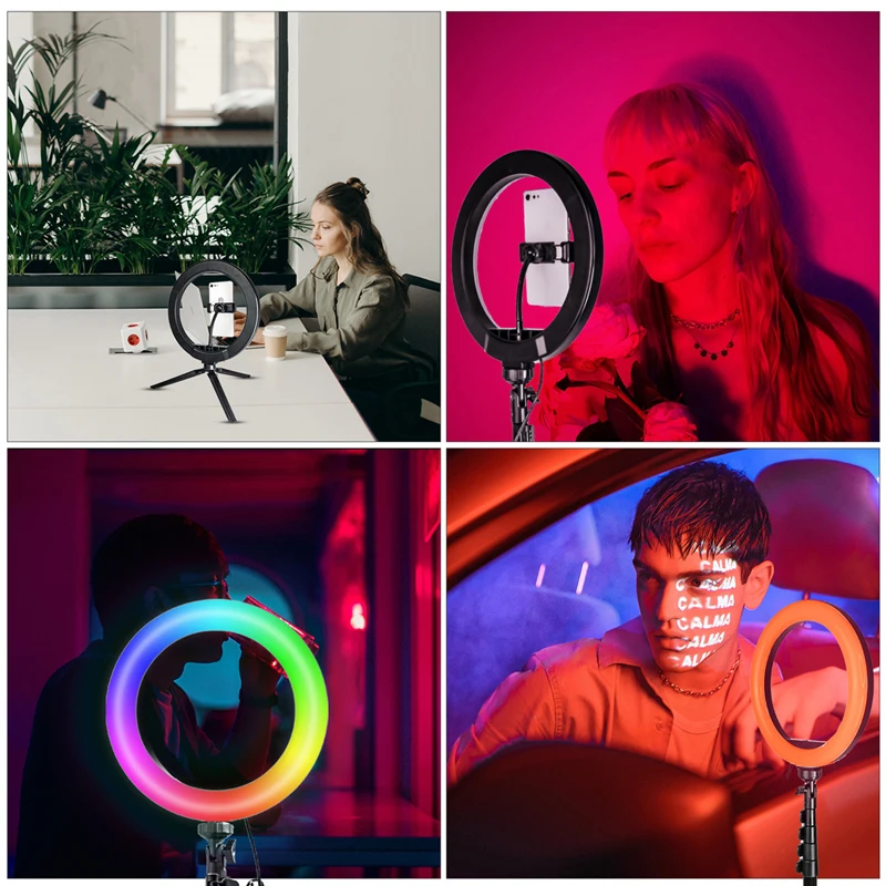 LED Lampu Cincin 10 "RGB Lampu Video dengan Tripod Berdiri Telepon RGB RingLight Perekaman Video Selfie Foto Bulat Mengisi Lampu Warna
