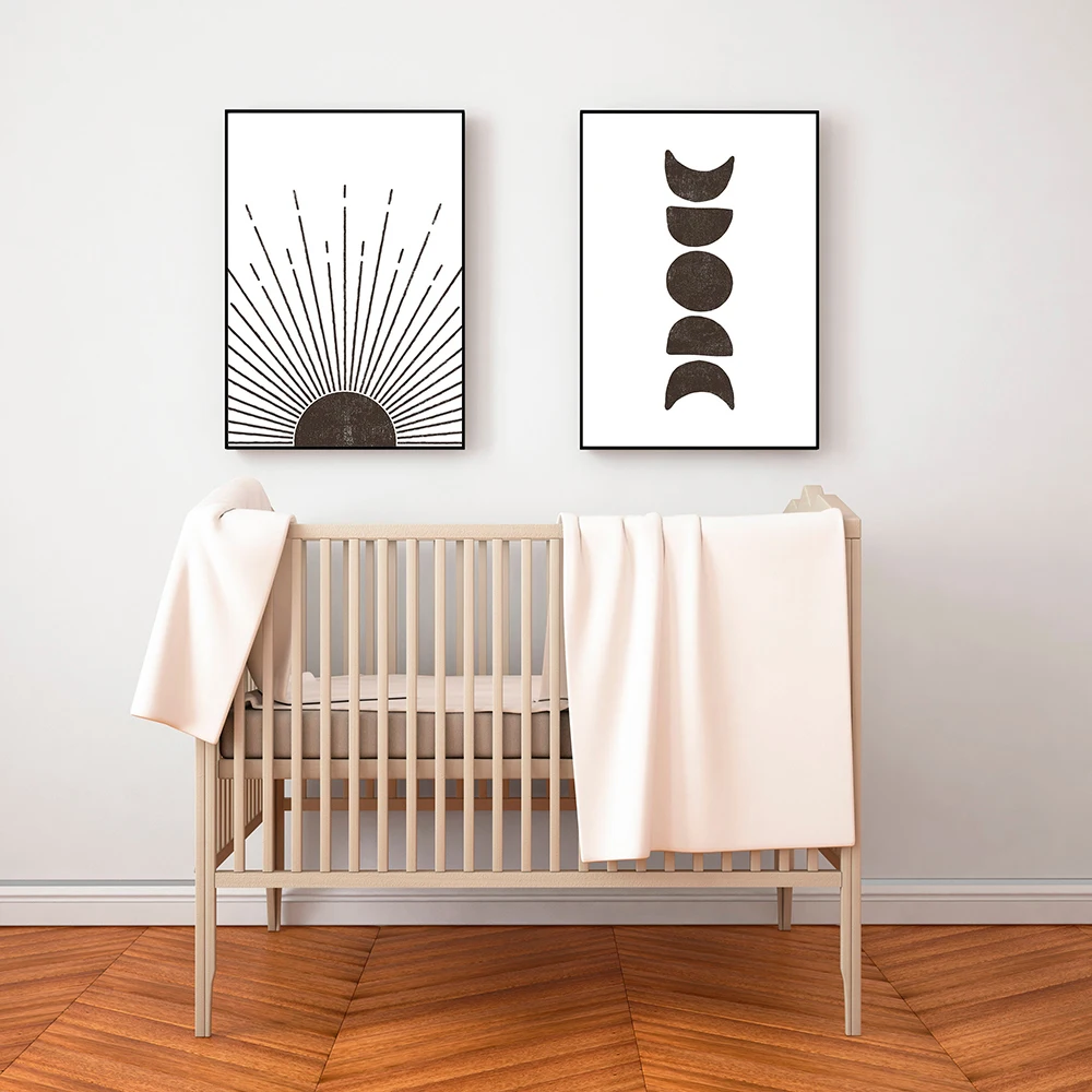 Nordic Black White Sun and Moon Phases Wall Art Canvas Poster Minimal Print Mid Century Painting Pictures for Living Room Decor