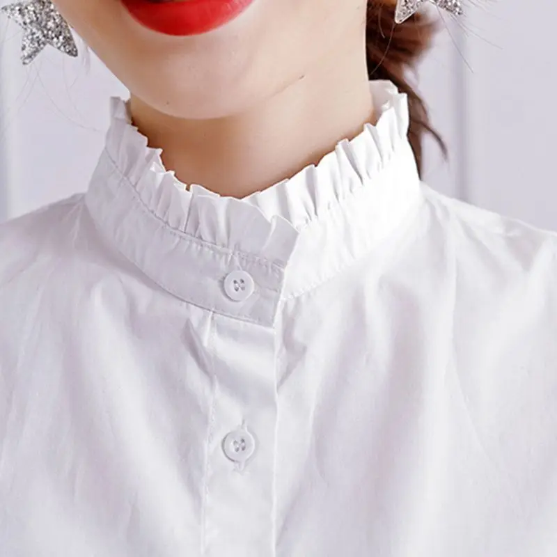 Womens Elegant Wrinkled Ruffles Fake Stand Collar Basic Layering Pure White Sweater Accessory Autumn Detachable Half-Shirt Blous