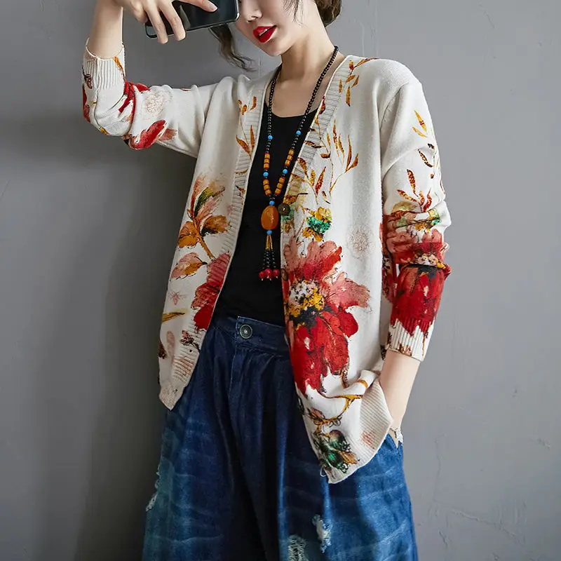 Sweter lengan panjang populer kasual wanita, jaket musim gugur sweter lengan panjang netral kasual mantel ukuran besar longgar kardigan rajut motif Retro sastra wanita R75