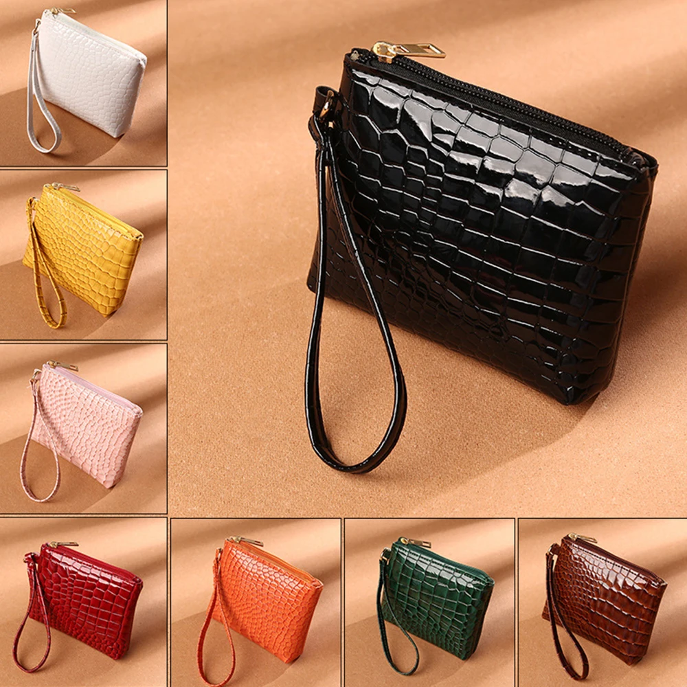 Mini portefeuille en cuir PU pour femme, motif crocodile, fermeture éclair courte, poignet, petit sac à monnaie, porte-cartes pour femme,