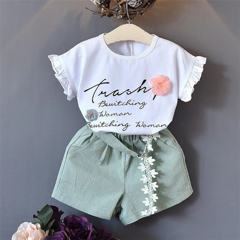 Summer Fashion Kids Girls Clothes 2PCS Baby Outfits Short Sleeve Casual Tracksuits Floral Letter Children Clothing Cotton A380