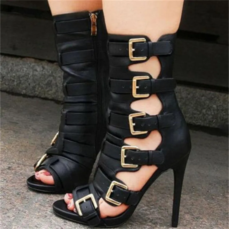 Fashion Woman Golden metal Buckle Summer Ankle Boots Peep Toe Thin High Heel Woman Gladiator Sandals Boots Outfit Shoes