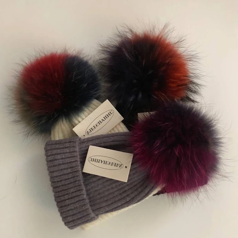 Casual  Real Fox Fur Mink Pompoms 15cm Skullies Beanies Hats For Women Girl Winter Wool Warm Skullies Beanies Hats 2019 New Caps