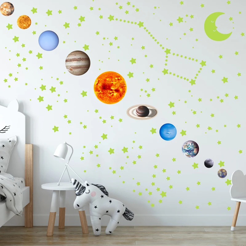 Zollor – autocollant mural lumineux neuf planètes, étiquette fluorescente, étoile et lune, décoratif, pour chambre à coucher et salon, en boîte, 525