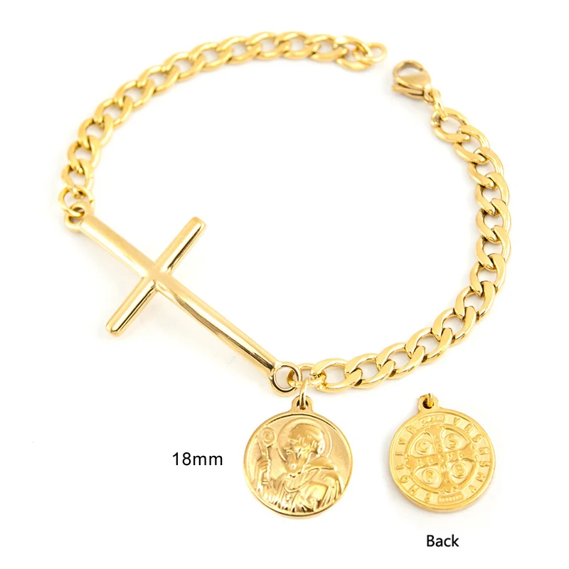 Stainless Steel Saint San Benito Virgin Mary Pendant Cuban Chain Corss Connecter Bracelet for Women