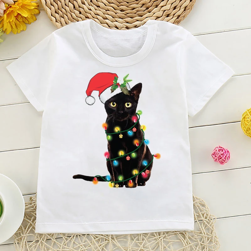 Kids Christmas Black Cat T-shirt Cute Cartoon Print White Children Shirt Fashion Boys Girls T Shirt Christmas Clothes