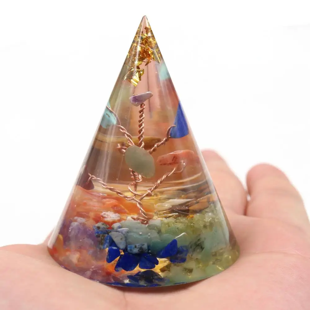 

XSM 60x50x50mm Orgone Round Cone Energy Converter Natural Gravel Chakra Tree for Life Resin Metal Spiral Home Decoration