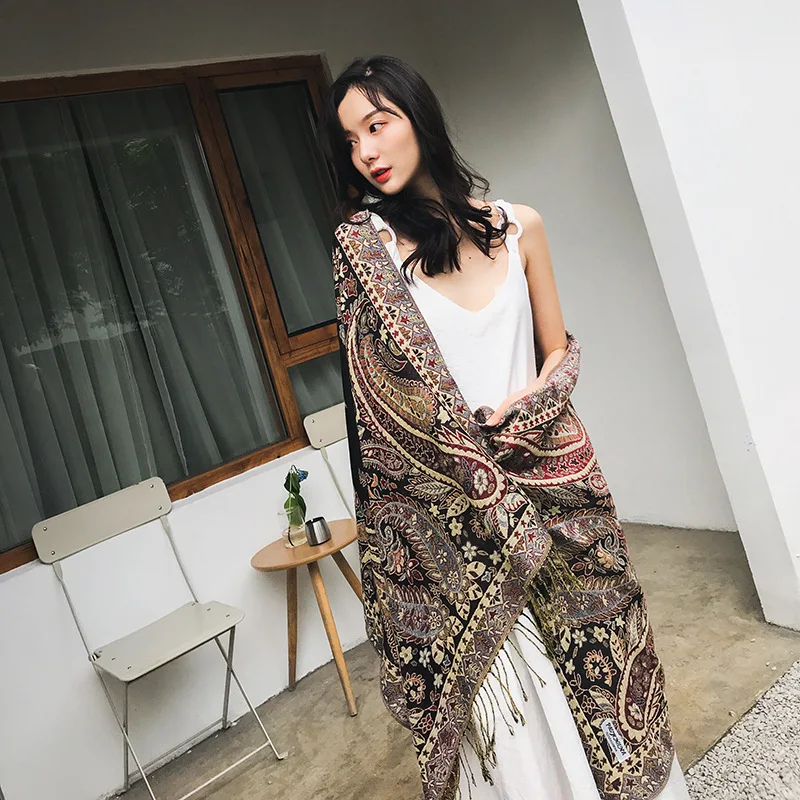 

2021 New Echarpes Women Shawls Scarf Imitation Cashmere Cape Tippet Jacquard Flower Poncho Mantilla Tassels Wrap Chal Stole