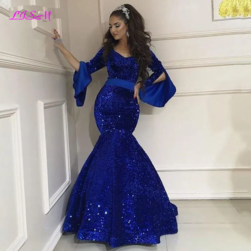 

Royal Blue Sequined Mermaid Evening Dresses Flare Sleeves Shiny Long Formal Party Dress Plus Size Prom Gowns robe de soiree