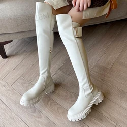 LAIGZEM Women Over Knee High Boots Leather + Synthetic Side Zip 5CM Mid Thick Heels Tall Boots Ladies Shoes Woman Size 34 38 39