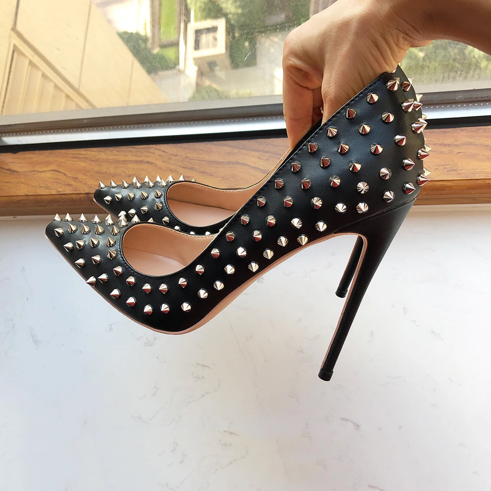 Tikicup Silver Spikes Women Black Matte Sexy Stiletto High Heels Ladies Wild Party Club High Heel Shoes 8cm 10cm 12cm Customize