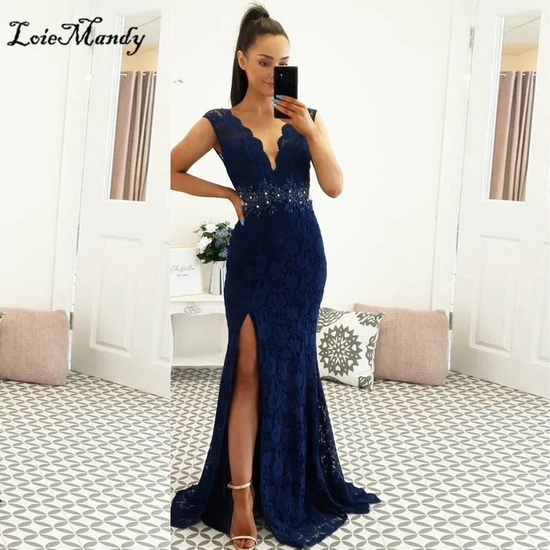 Navy Blue Lace Prom Dresses Long 2022 Sexy Neck Mermaid Formal Evening Gala Dress Shining Beaded Vestido de fiesta de boda