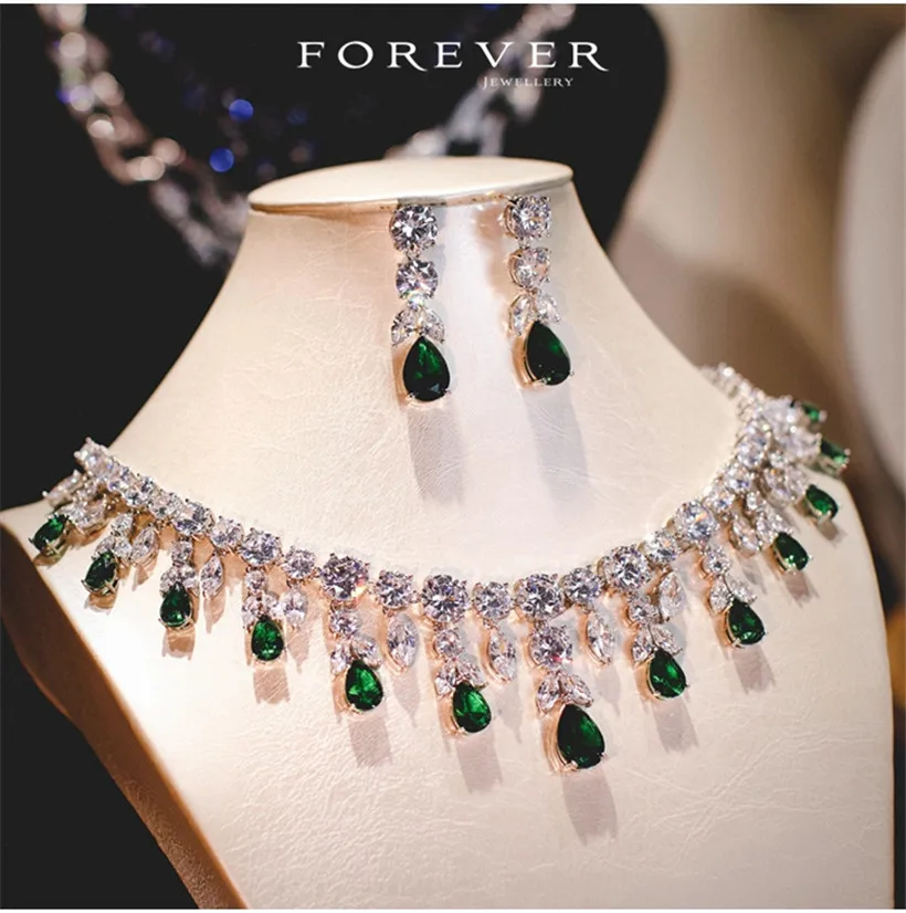 CC Wedding Jewelry Sets For Women Shine Necklace Earrings Created Emerald Stone Party Accessories