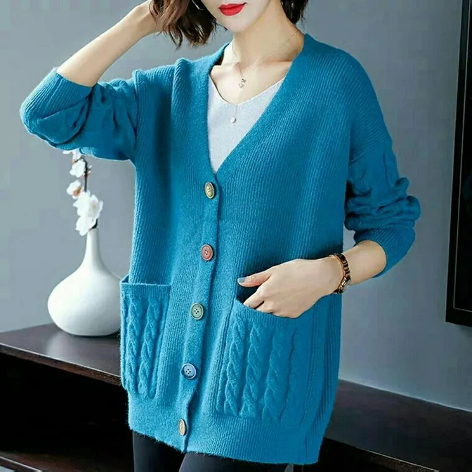 2024 Spring Autumn New Women Knitted Sweater Cardigan Coat Fashion V-neck Single-breasted Pocket Loose Sweaters Ladies Tops