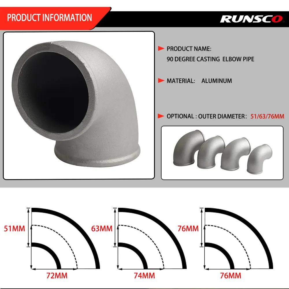 2.0 Inch (51mm) 2.5 Inch(63mm)3.0 Inch (76mm) Casting Elbow Pipe 90 Degree Intercooler Turbo Tight Bend Aluminium