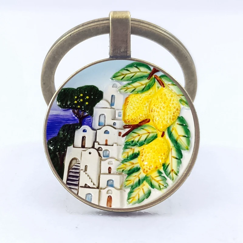 Charm 25MM Keychain Europe Mediterranean Greece Spain France Glass Drawing Keychain Men and Women Jewelry Gifts