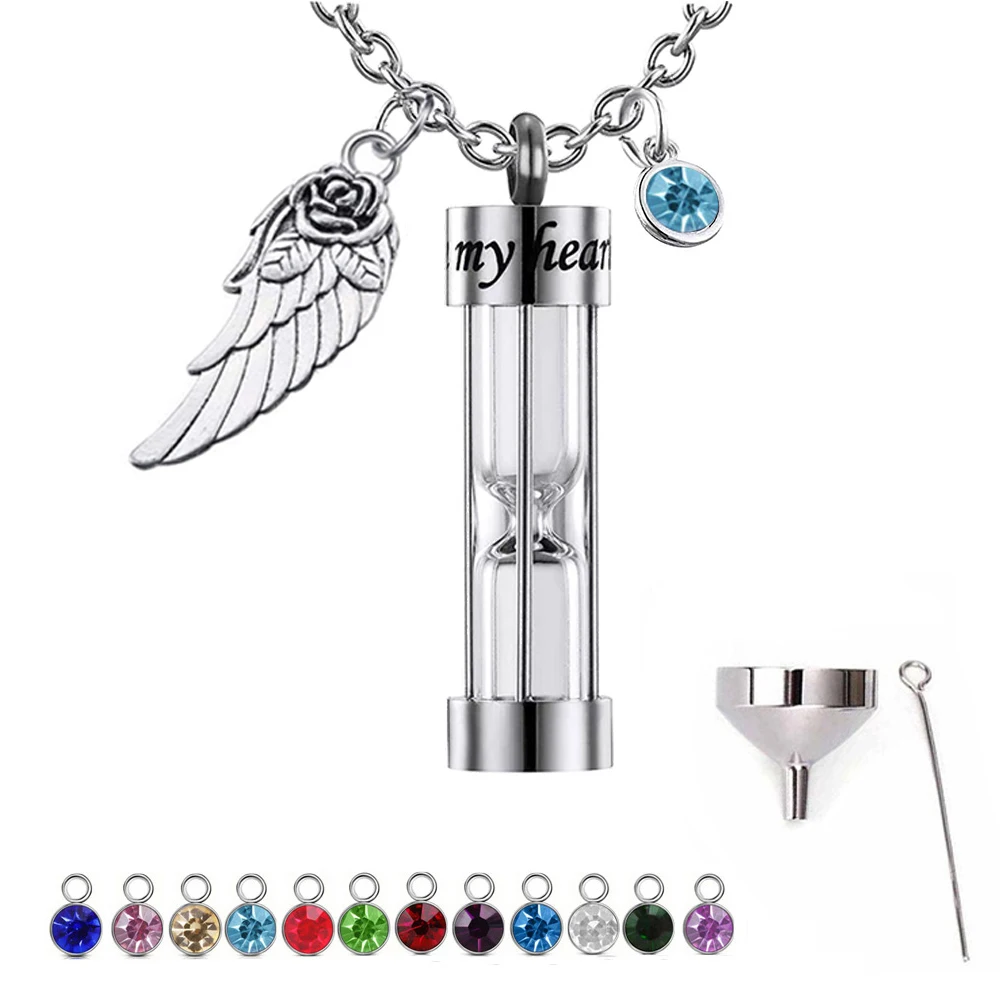 Hourglass Cremation Urn Necklace Angel Wing Memorial Pendant Stainless Steel 12 Color Birthstone Ash Necklace for Human Pet