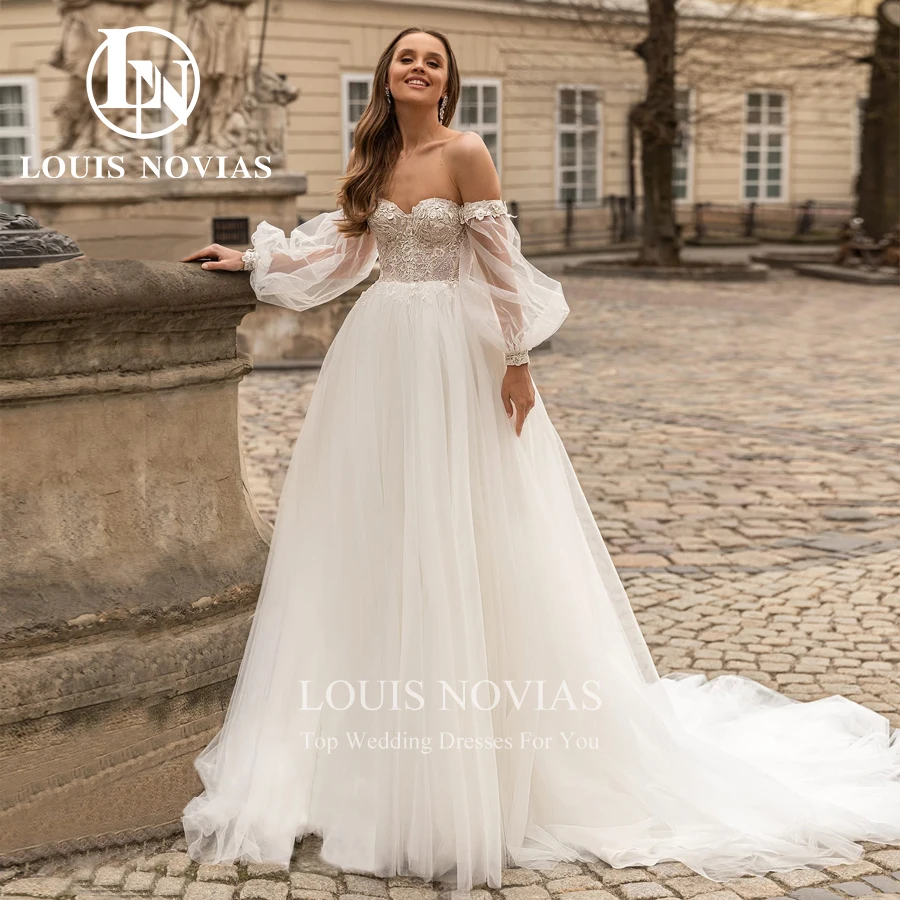 LOUIS NOVIAS Tulle A-Line Wedding Dress Sweethear Romantic Bridal Backless Beaded Sweetheart Off the Shoulder  Vestidos De Novia