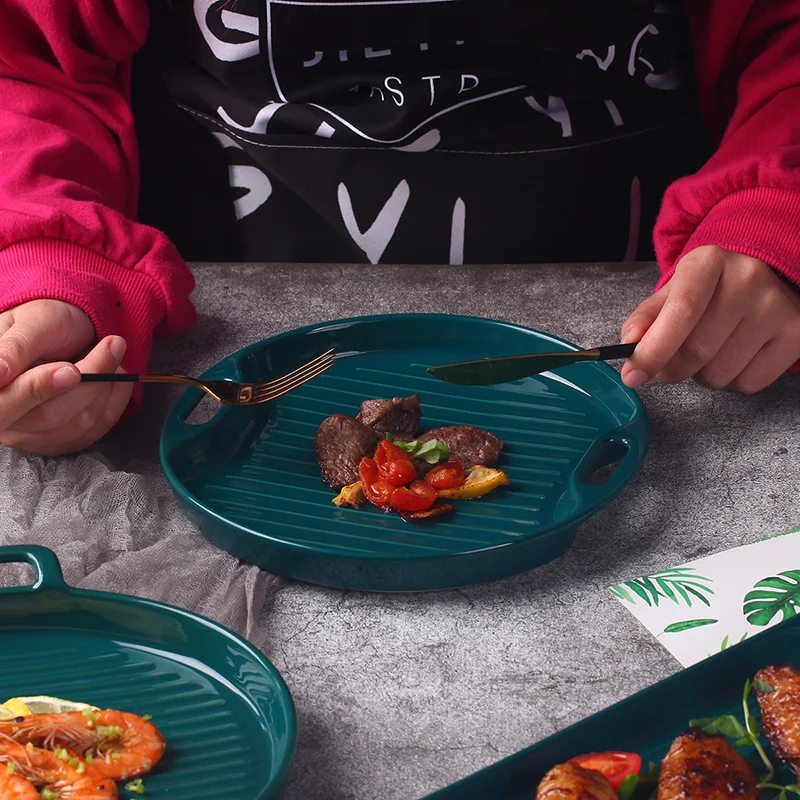 Set Piring Dapur Rumah Kreatif Nordik Peralatan Makan Keramik Peralatan Makan Malam Piring Dalam Memasak Hijau Tua Piring Bulat