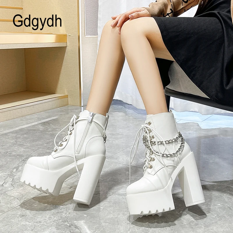 Gdgydh Winter Shoes Women Super Thick Bottom High-heeled Nightclub Boots With Chain Warm Thick Boot Rubber Sole White Goth Punk