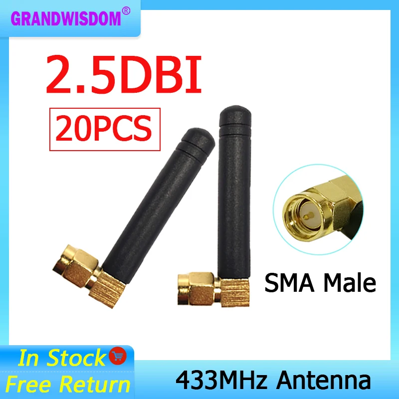 

GRANDWISDOM 20pcs 433mhz antenna 2.5dbi sma male lora antene pbx iot module lorawan signal receiver antena high gain