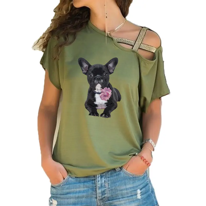 

New Black French Bulldog Peony Frenchie Love Print Funny Teeshirt Women Short sleeve Loose Irregular Skew Cross Bandage Tops Tee