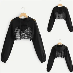 Hoodie Female Hoodie Personality Irregular Crop Ultra Short Style Mesh Patchwork Long Sleeve Top Female Sweatshirt Y2k Clothes