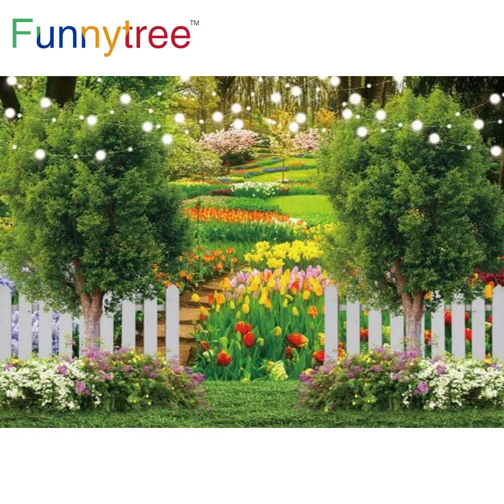 

Funnytree Spring Wedding Garden Background Green Grass Trees Fence Lights Banner Tulip Flowers Photo Props Decoration Backdrop