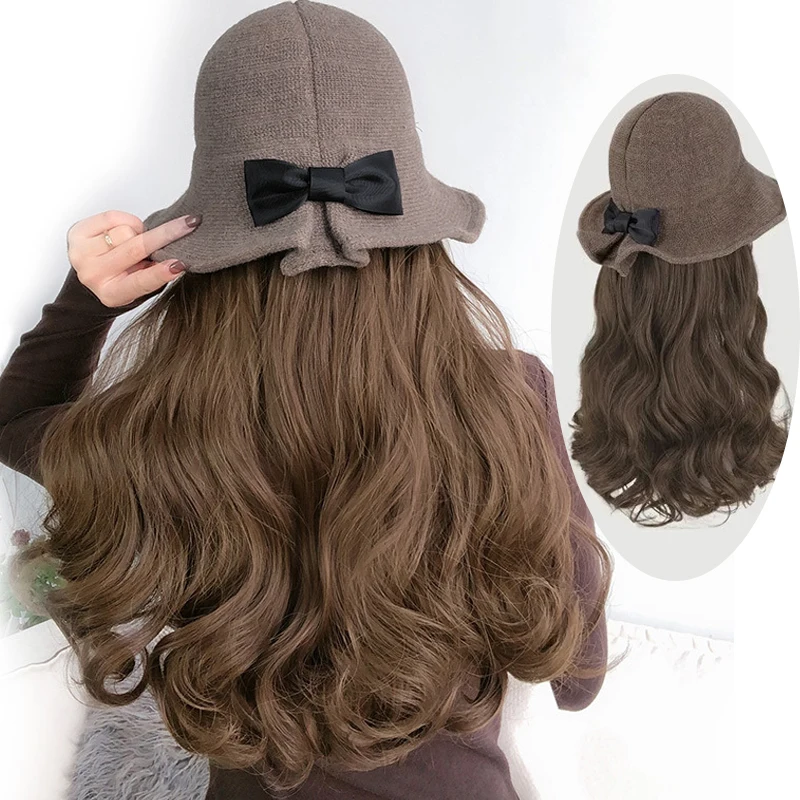 

XUANGUANG Synthetic Hat Wig Female Autumn And Winter 45cm Long Curly Hair Deep Wave Bow Top Hat Net Red All-Match Full Headgear