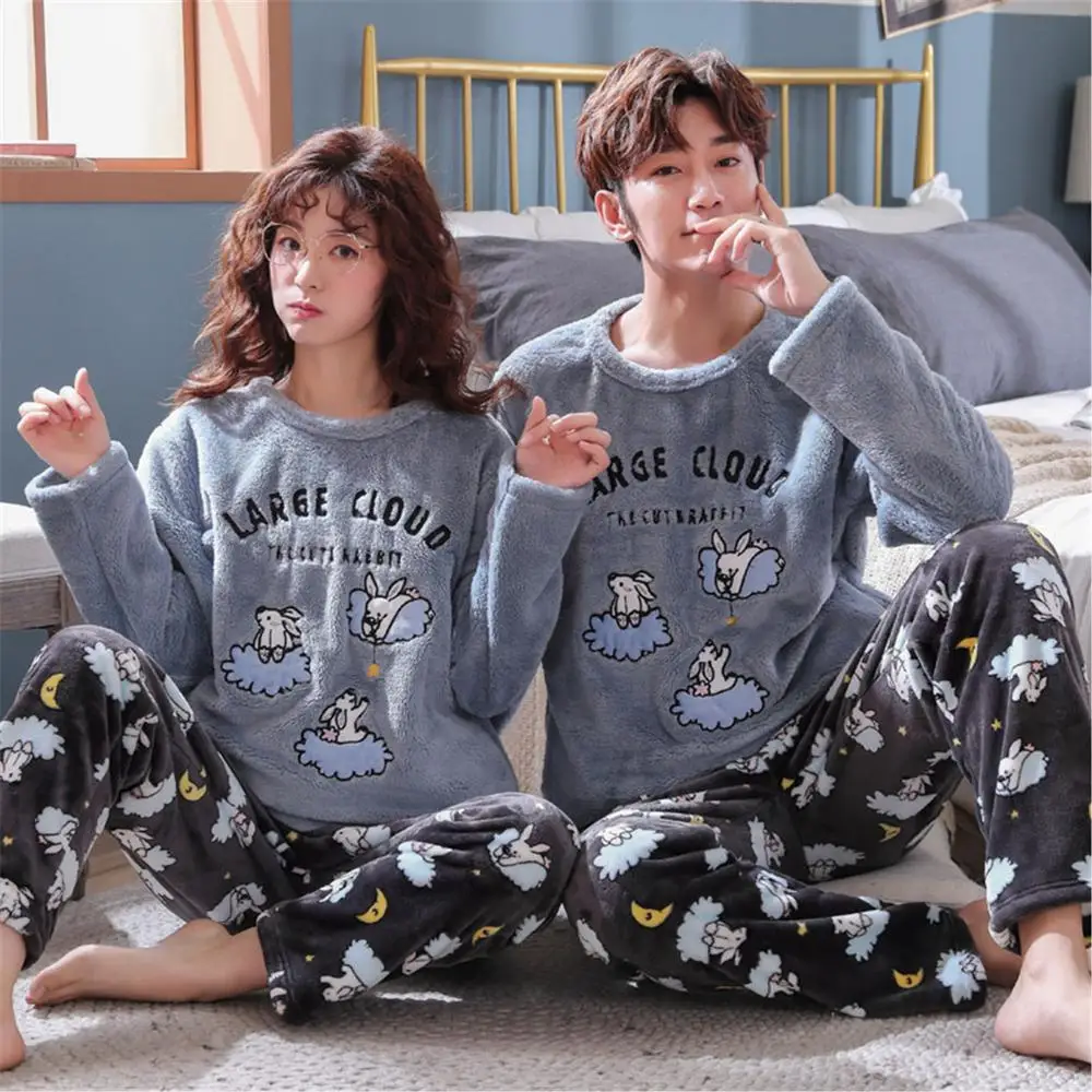 

Cartoon Couples Pyjamas Women Men Sleepwear Pijamas Ladies Winter Flannel Fleece Warm Pajamas Set Homewear For Girls Nightwear