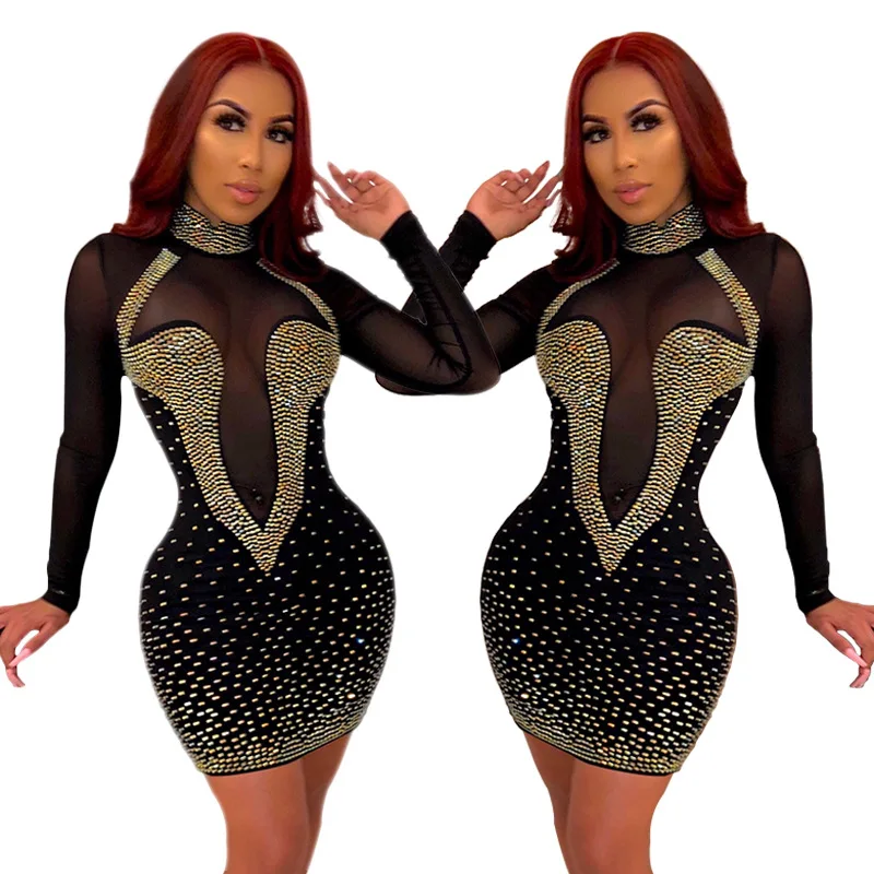 Women Bandage Dress Sequin vestidos Ladies Club Dresses Women Mini Autumn Sexy Crystal Party Bodycon Glitter Diamond Mini Dress