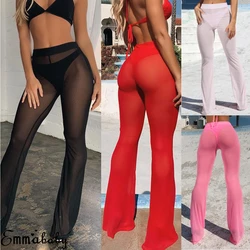 Donne Sexy Beach Sheer Mesh See Through trasparente vita alta elastica Bikini Cover Up costumi da bagno Bell Bottom Flare Pants pantaloni