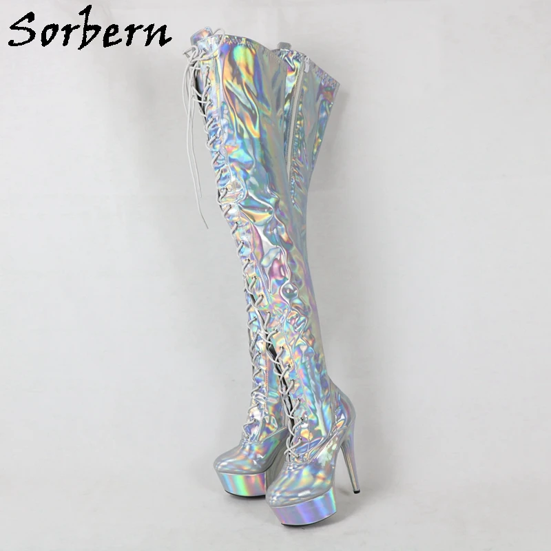 Sorbern Silver Holo Mid Thigh High Boots Women 15Cm High Heel Exotic Pole Dance Boots Stripper Heel Custom Leg Width And Length