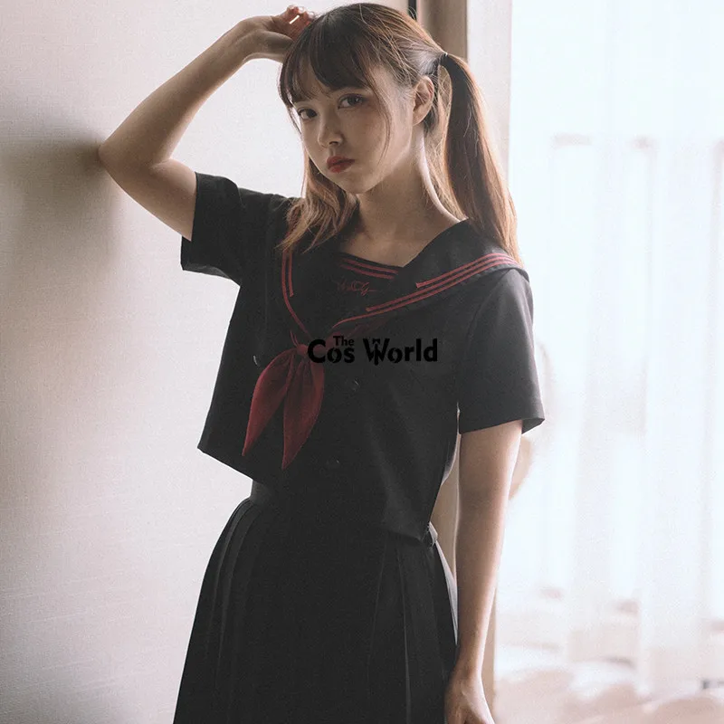 [Heart Rate] Black Red Summer Navy Sailor Suit Tops Skirts JK High School Uniform Class Uniform Students Cloth