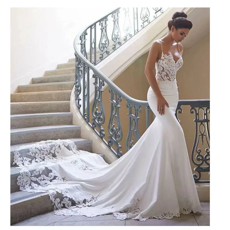 VENSANAC Sweetheart Mermaid Wedding Dress Spaghetti Straps Lace Appliques Backless Court Train Bridal Gown