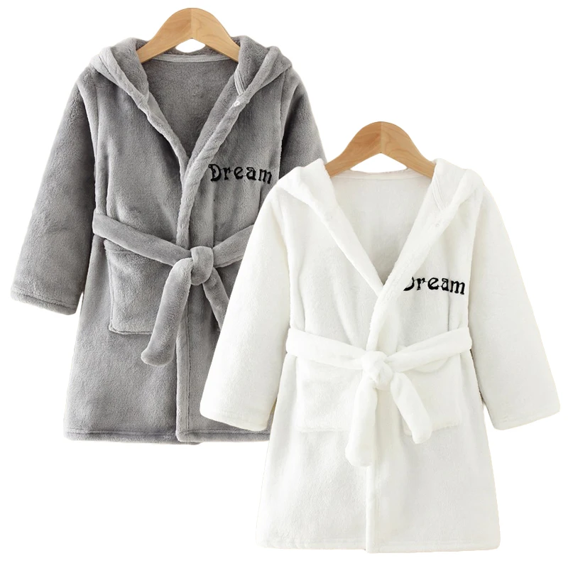 Children Flannel Robes Boys Girls Autumn Winter Pajamas Children Letter Sleepwear Kids Hooded Bathrobe Spring Casual Clothing