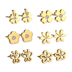 LUXUKISSKIDS New 6Pair/Box Flower Stainless Steel  Stud Earrings Crystal Zircon Earings 2020 For Women's Fashion Jewelry Korean