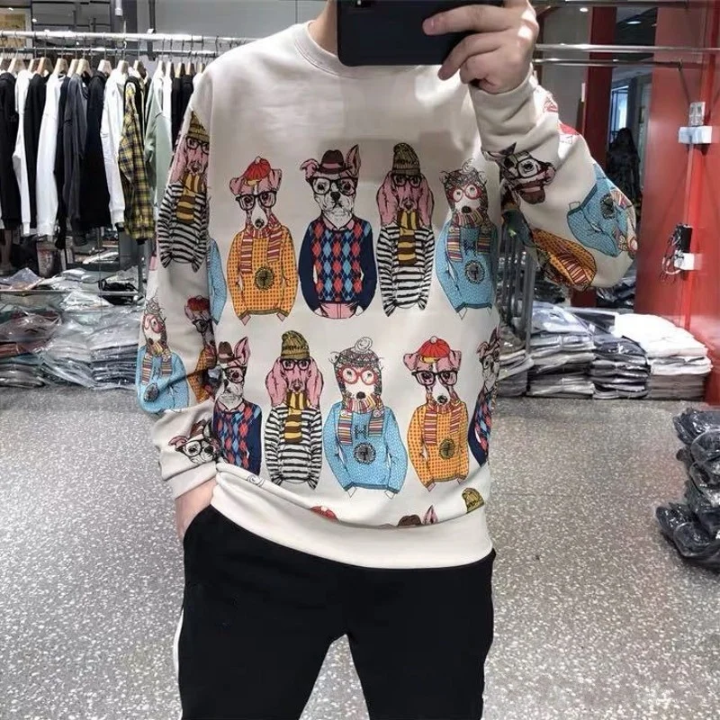 Quality High New Mens Short Loose Cartoon Print T-Shirts Fashion O-Neck Korean Style Knitted Pullover Long Sleeve T-shirt