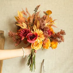 Autumn Bouquet Fake Rose Dandelion Hybrid Flowers High Quality Fall Gerbera Daisy Artificial Flower for Home Wedding Decoration