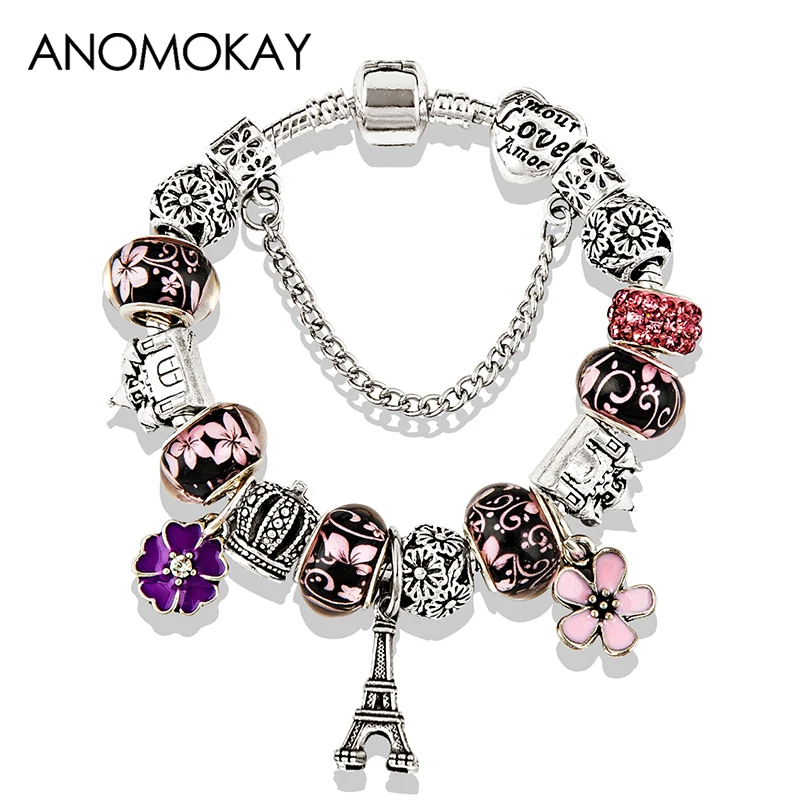 2020 Antique Silver Color Eiffel Tower Charm Bracelet Pink Red Crystal Flower Bead Bracelets & Bangles for Women Jewelry Gift