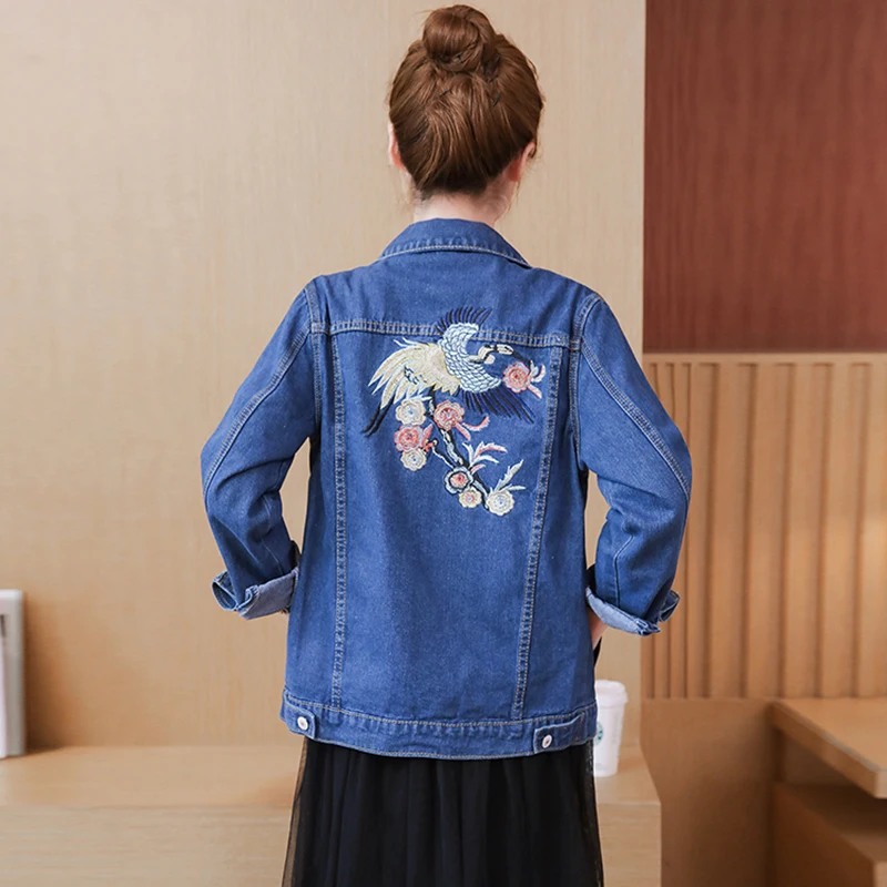 Fashion Jean Jacket Women Flower Embroidery  Coat 2023 Autumn New Slim Short Single Breasted Denim Outerwear