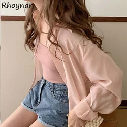 Shirts Women Summer Solid Thin Fashion Sun Protection Leisure Turn-down Collar Vintage All-match Behind Slit Korean Style Female