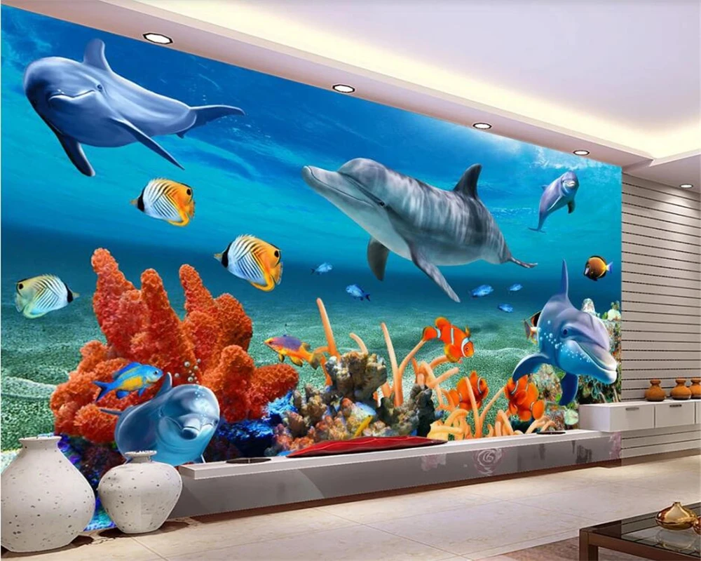 3DBEIBEHANG Custom 3D wallpaper underwater dolphin fish wallpaper aquarium wall background room children wall paper