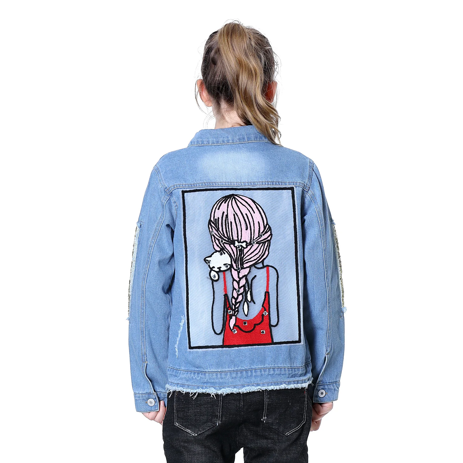 

Girls Denim Jacket Sequins Cute Girls Back Decal Lapel Multi-Pocket Cowboy Coat 3-12T Tassels Outerwear for Spring Autumn