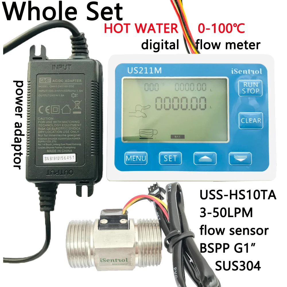 

Hot Water US211M Digital Water Flow Meter with SUS304 Stainless Steel G1" USS-HS10TA 3-50L/min Hall Water Flow Sensor Reader