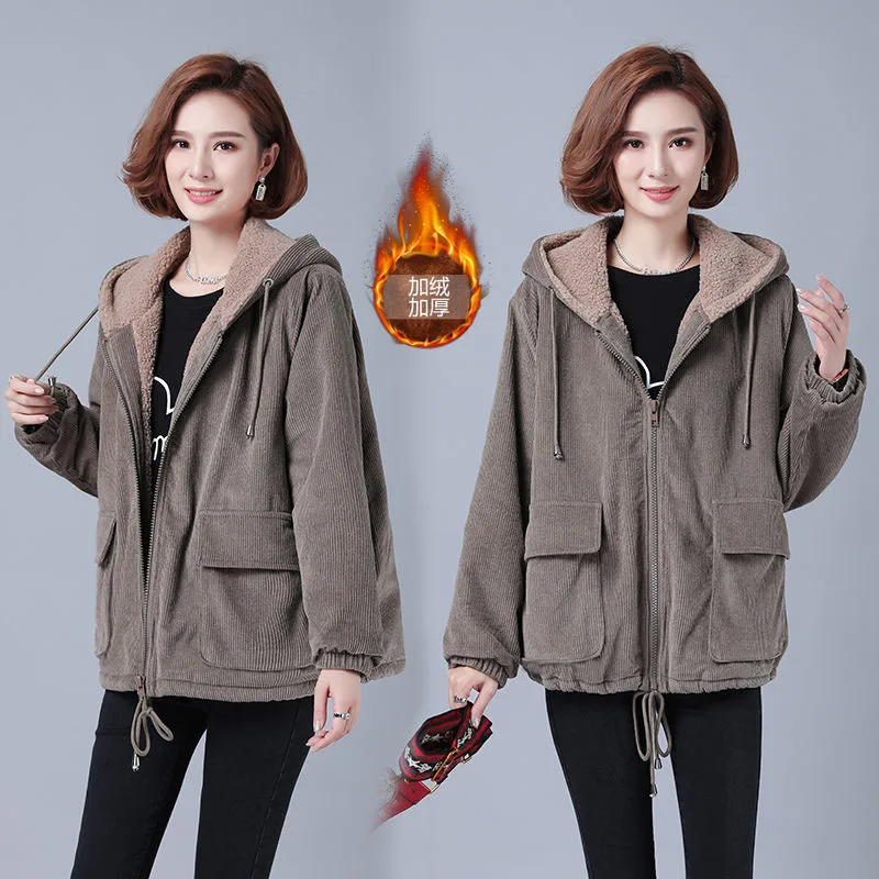 2022 NewFashion Women Corduroy Jacket Female Velvet Thick Warm Coat Autumn Winter Casual Loose Hoodie Windbreaker Outerwear R748