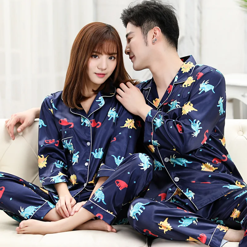 Summer Couple Men Women Cute Dinosaur Printed Stain Lapel Long Sleeve Pants Sleepwear Lovers Female Pajamas Pyjamas Homewear